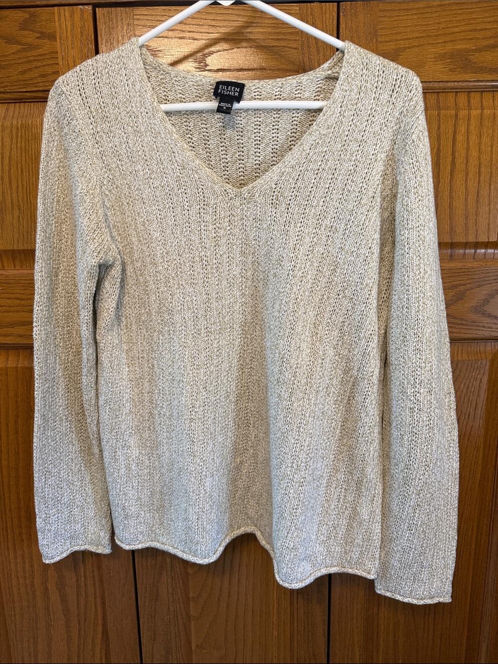 Eileen Fisher Light Cream V-Neck Open Knit Sweater-Small